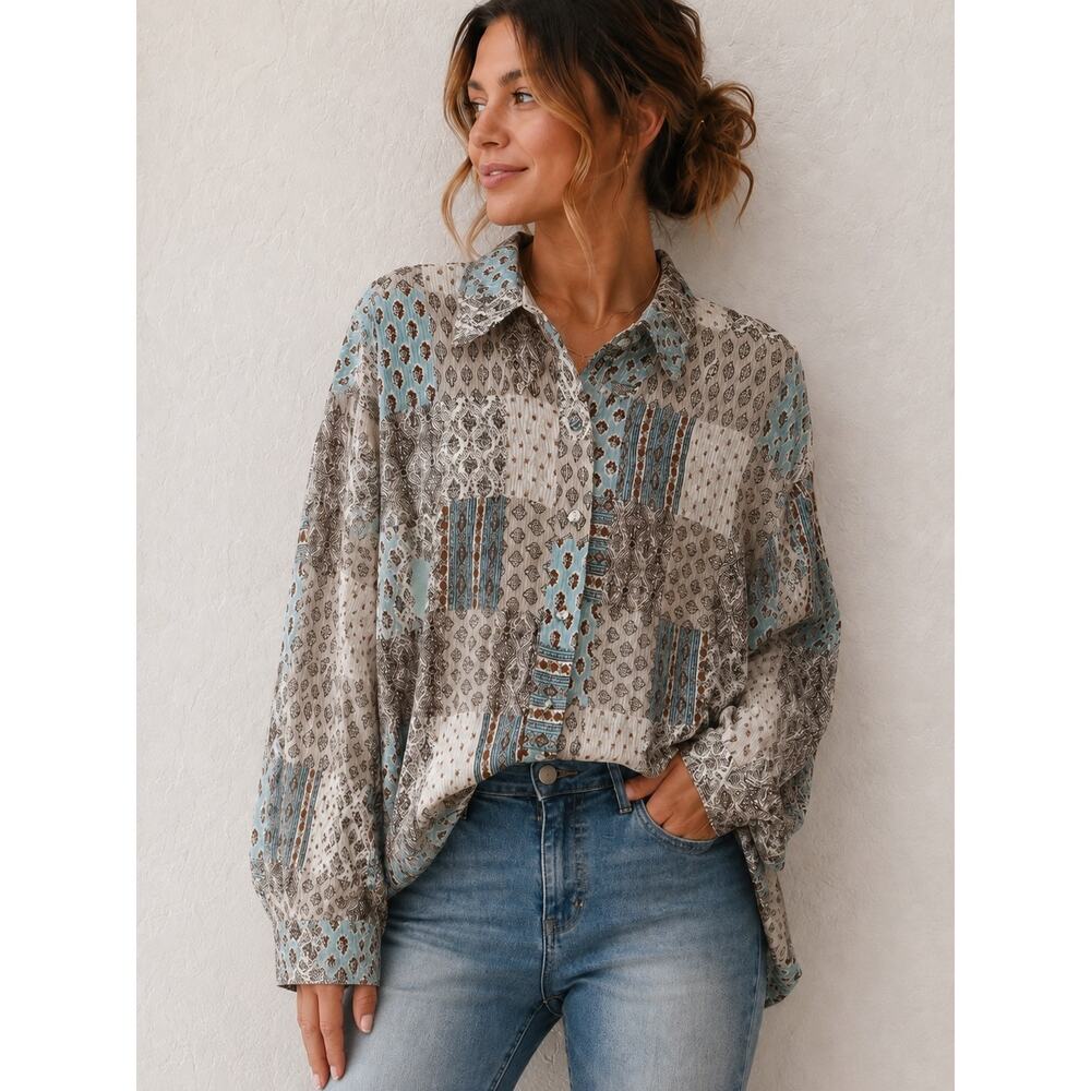 JACQUIE THE LABEL Patchwork Boho Button Up Shirt Cottagecore Western NWT Large